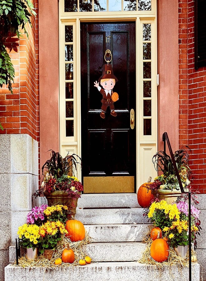 Quzzil 4 Pcs Thanksgiving Fall Harvest Decorations 18 in Turkey Scarecrow Wall Window Home Door Decoration Autumn Hanging Ornament Cutouts Thanksgiving Sign Jointed Figures Pilgrim Decor with Ribbon - Image 3